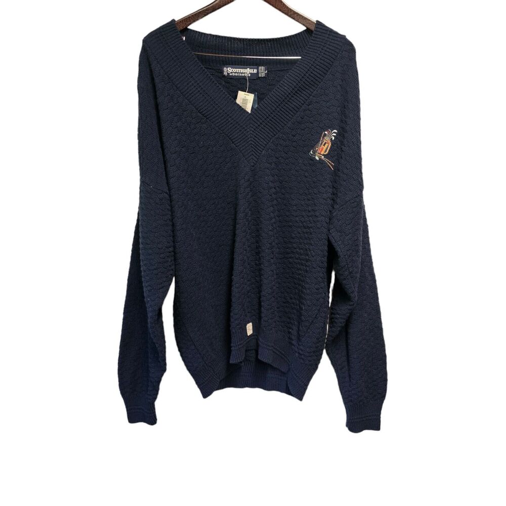 VTG Scottish Isle By Bernette‎ Sweater Large Blue Knit V-Neck Pullover Golf